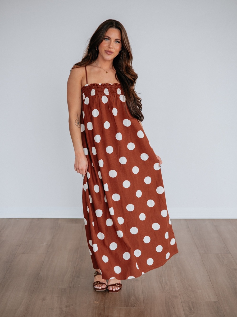 Things Between Brown Polka Dot Smocked Maxi Dress Large